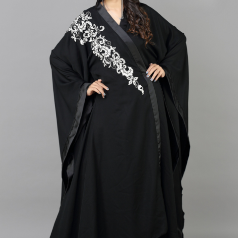 Black Nida Abaya with White Doori Embroidery