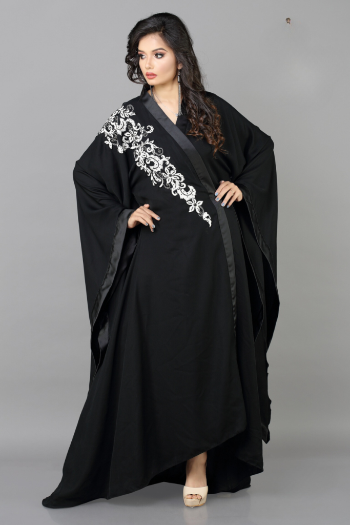 Black Nida Abaya with White Doori Embroidery