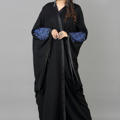 Black Nida Abaya with Blue Doori Embroidery