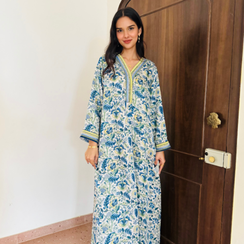 Elegant Blue and Yellow Floral Embroidered Kaftan