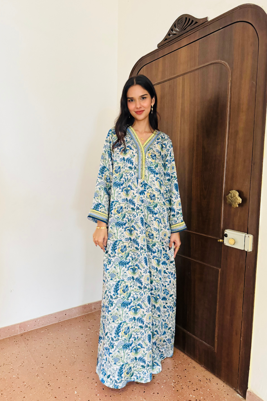 Elegant Blue and Yellow Floral Embroidered Kaftan