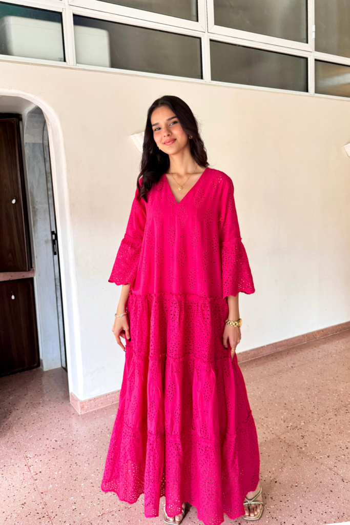 Fuchsia Pink Cotton Tiered Kaftan with Frill Detailing