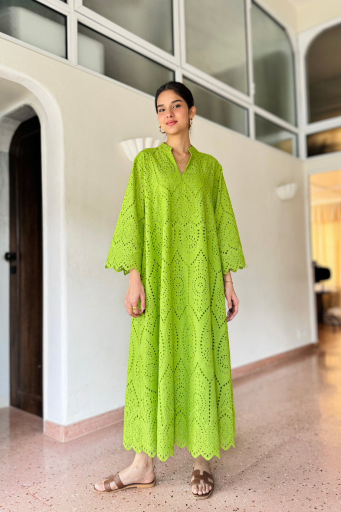 Lime Green Hakoba A-Line Kaftan with Mandarin Collar