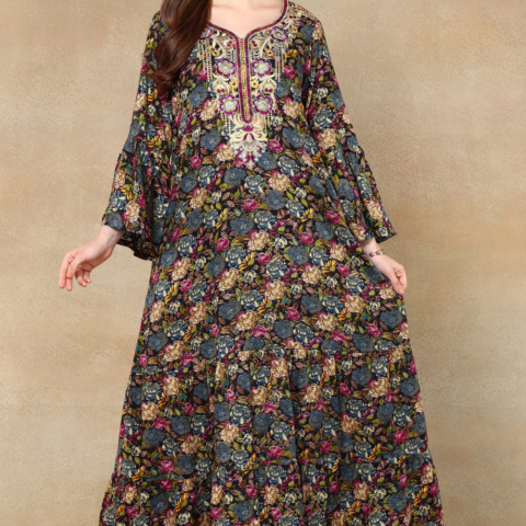 Floral Print Kaftan with Embroidery