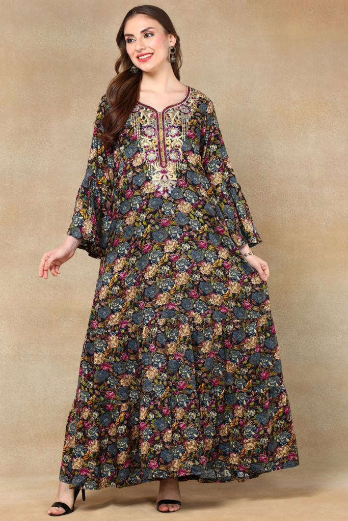 Floral Print Kaftan with Embroidery