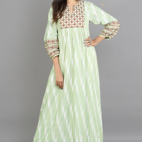 Lime Green Ikat Print Kaftan with Maroon Embroidery