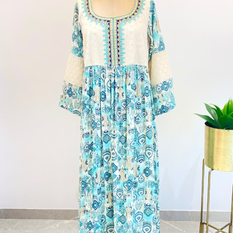 Ikat Print Kaftan with Geometric Embroidery