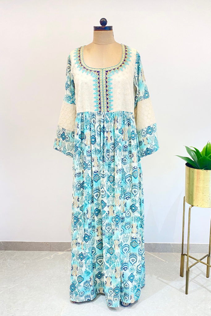 Ikat Print Kaftan with Geometric Embroidery