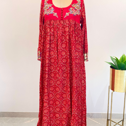 Maroon Floral Kaftan with Gold Foiling and Embroidery