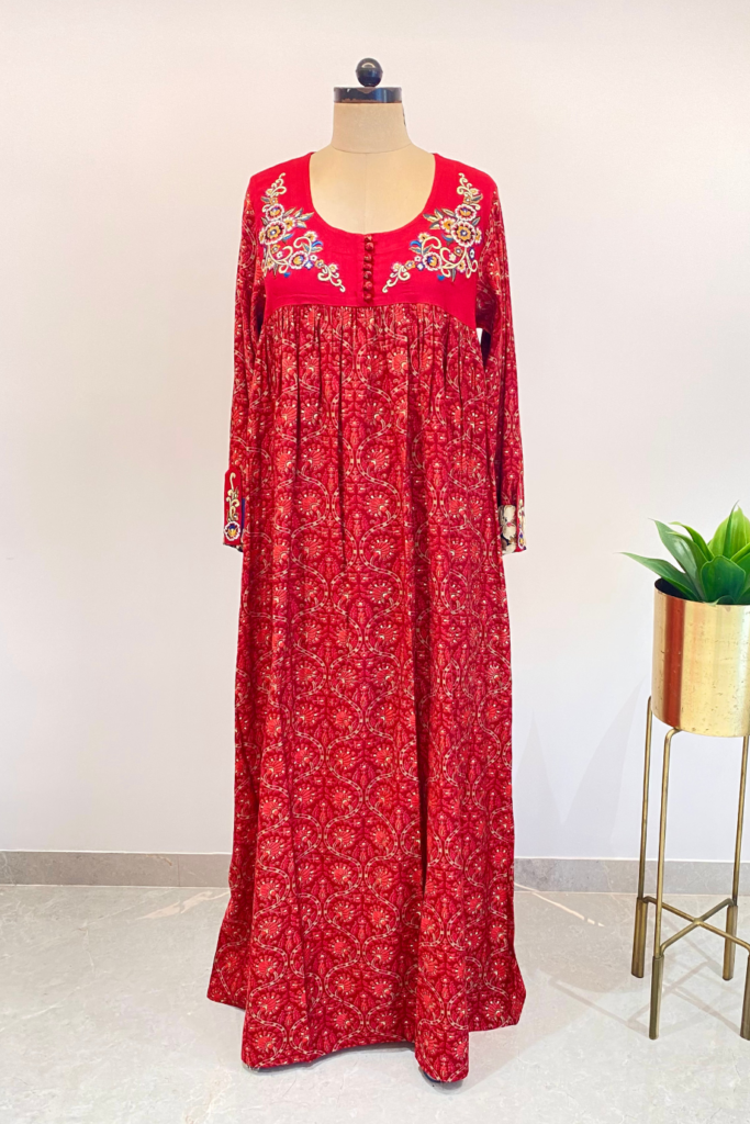 Maroon Floral Kaftan with Gold Foiling and Embroidery