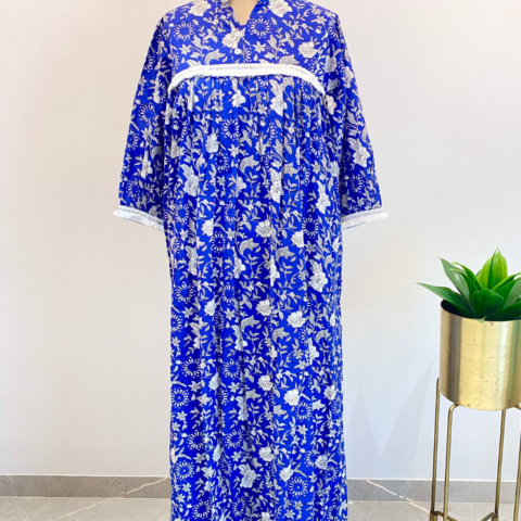 Royal Blue Floral Cotton Kaftan with Lace Detailing