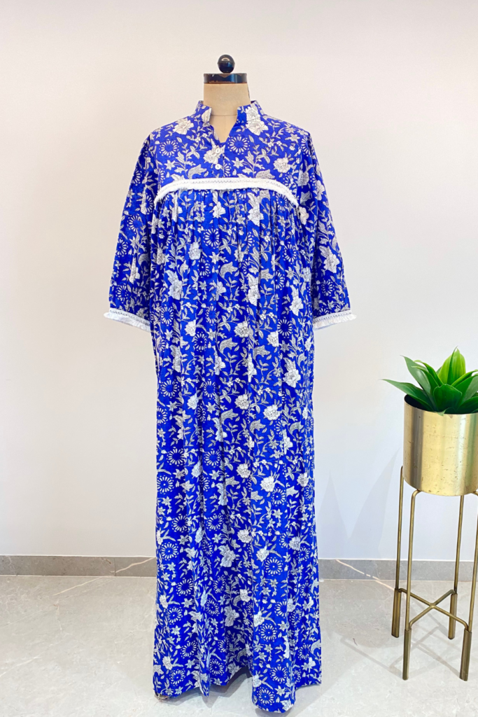 Royal Blue Floral Cotton Kaftan with Lace Detailing