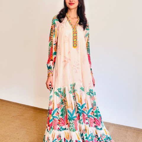 Tiered Cream Kaftan with Tropical Print and Geometric Embroidery