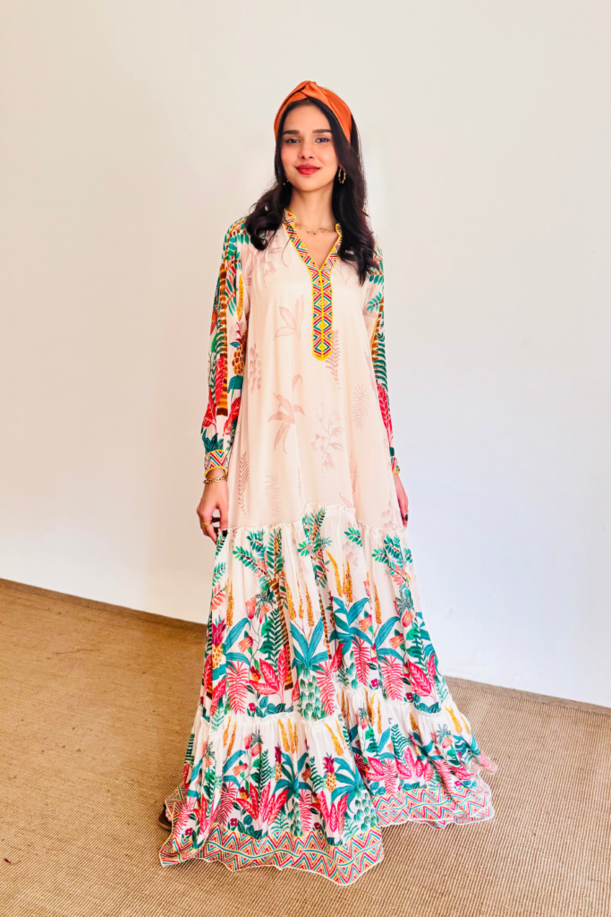 Tiered Cream Kaftan with Tropical Print and Geometric Embroidery