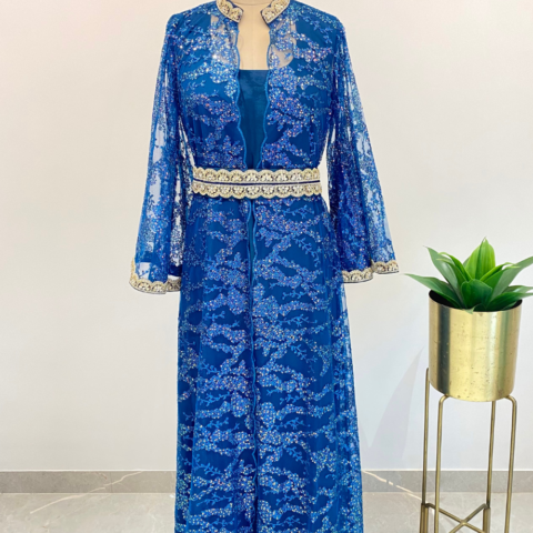 Sequined Embroidered Jacket with Royal Blue Lining