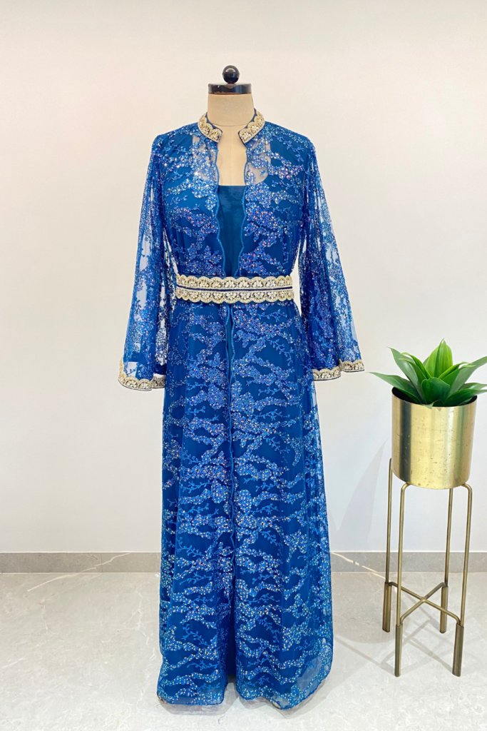 Sequined Embroidered Jacket with Royal Blue Lining