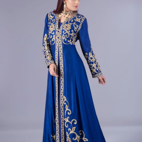 Royal Blue Embroidered Kaftan with Trail