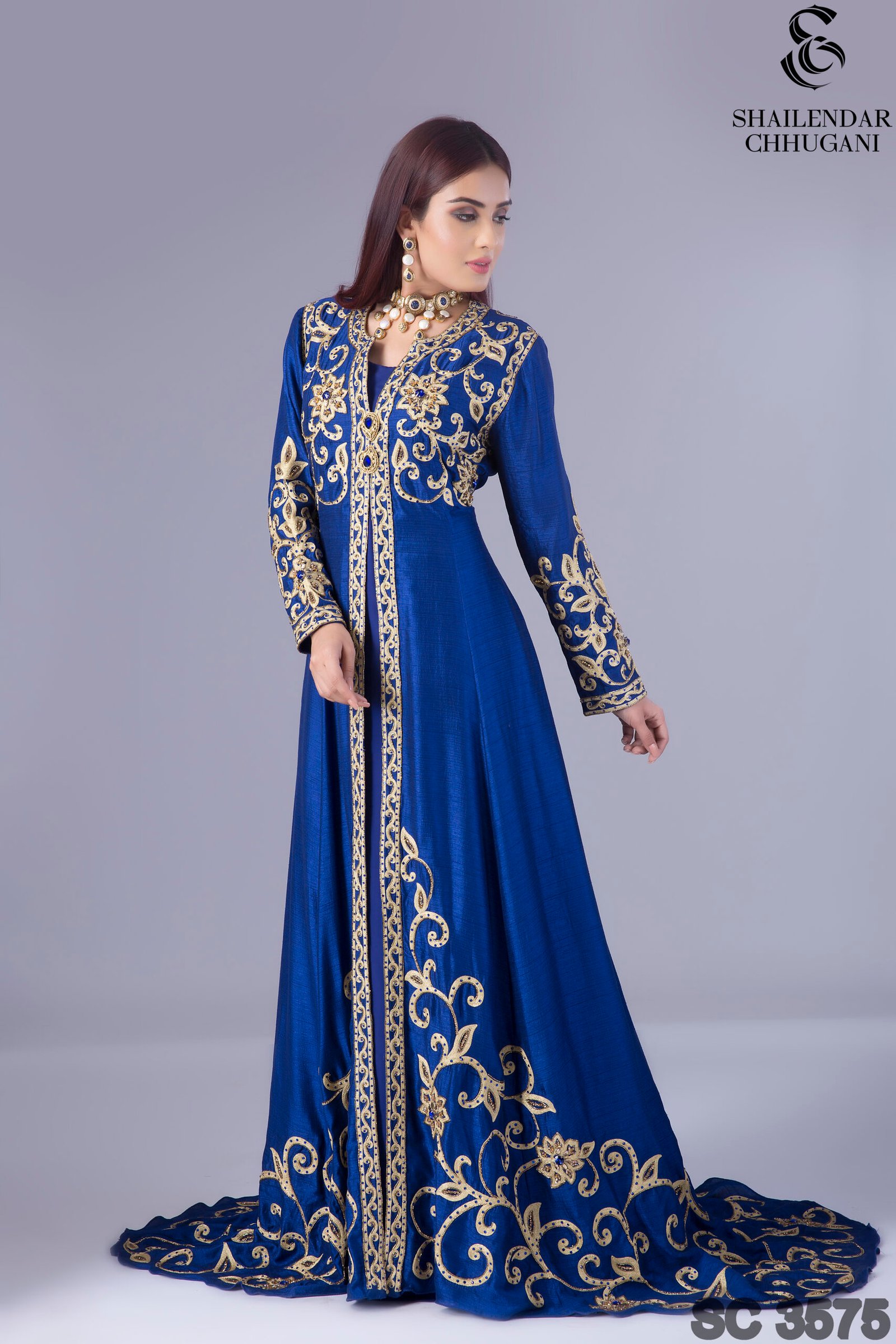 Royal Blue Embroidered Kaftan with Trail