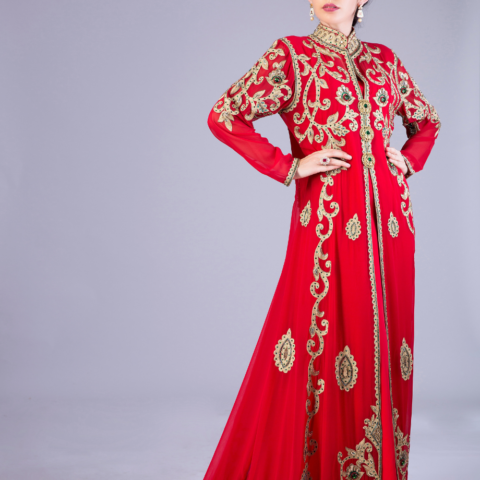 Regal Red Embroidered Kaftan with Trail