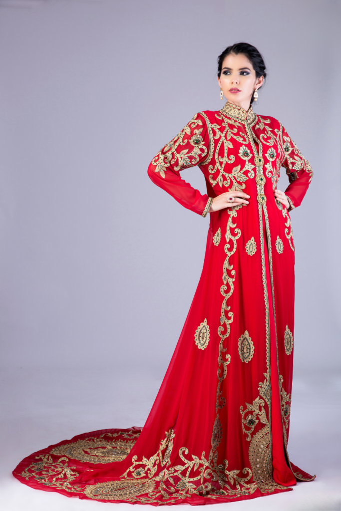 Regal Red Embroidered Kaftan with Trail